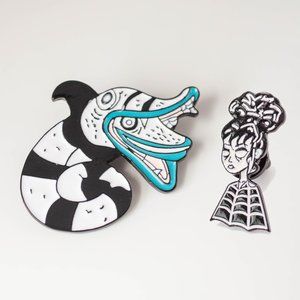 Metal Enamel Beetlejuice Striped Black & White Sandworm & Lydia Lapel Pins (New)